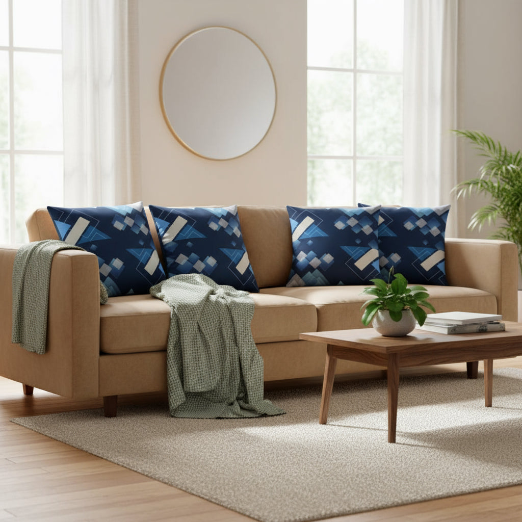 Royal Blue Throw Pillow with Abstract Shapes – 18x18” | Geometric Light Blue, Gray & White Design