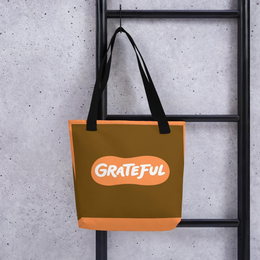 Brown & Orange “GRATEFUL” Tote Bag – 15”x15” Thanksgiving & Everyday Carryall