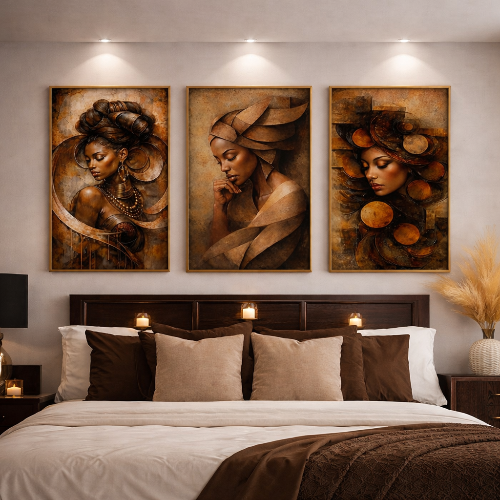 Earth Tone Afrocentric Woman Wall Art Set (Digital Download) – Brown & Gold African Portrait Trio – Luxury Bedroom Decor – Printable Wall Art (11x14, 16x20, 18x24, 24x36)