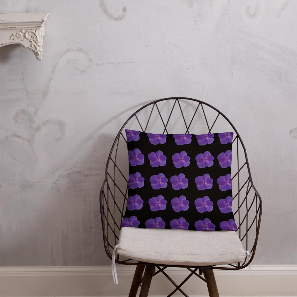 Black Throw Pillow with Lined Purple Flowers – 18x18” | Modern Minimal Floral Pattern