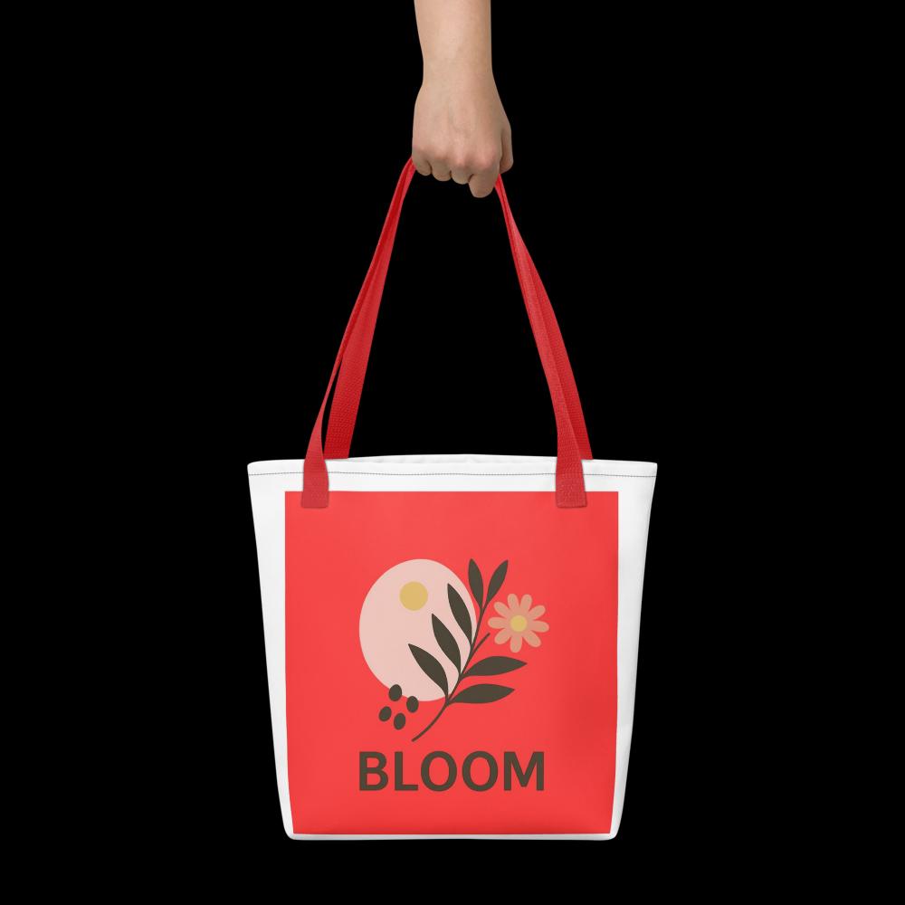 Red & White “BLOOM” Boho Tote Bag – 15”x15” Stylish Everyday Carryall