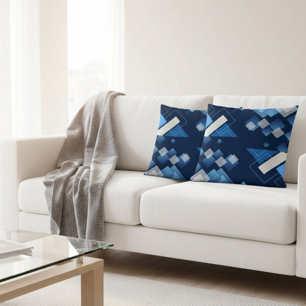 Royal Blue Throw Pillow with Abstract Shapes – 18x18” | Geometric Light Blue, Gray & White Design