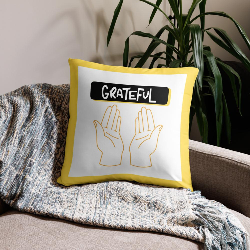 Grateful Thanksgiving Pillow – 22x22” White & Yellow Cushion with Open Palms