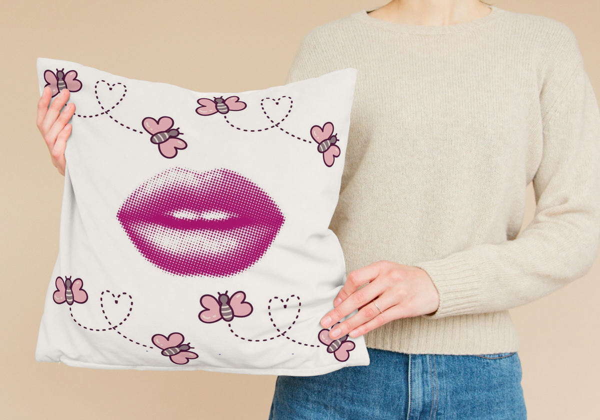 Kiss & Buzz Throw Pillow – Pink Lips and Heart-Trail Bees (18x18”)