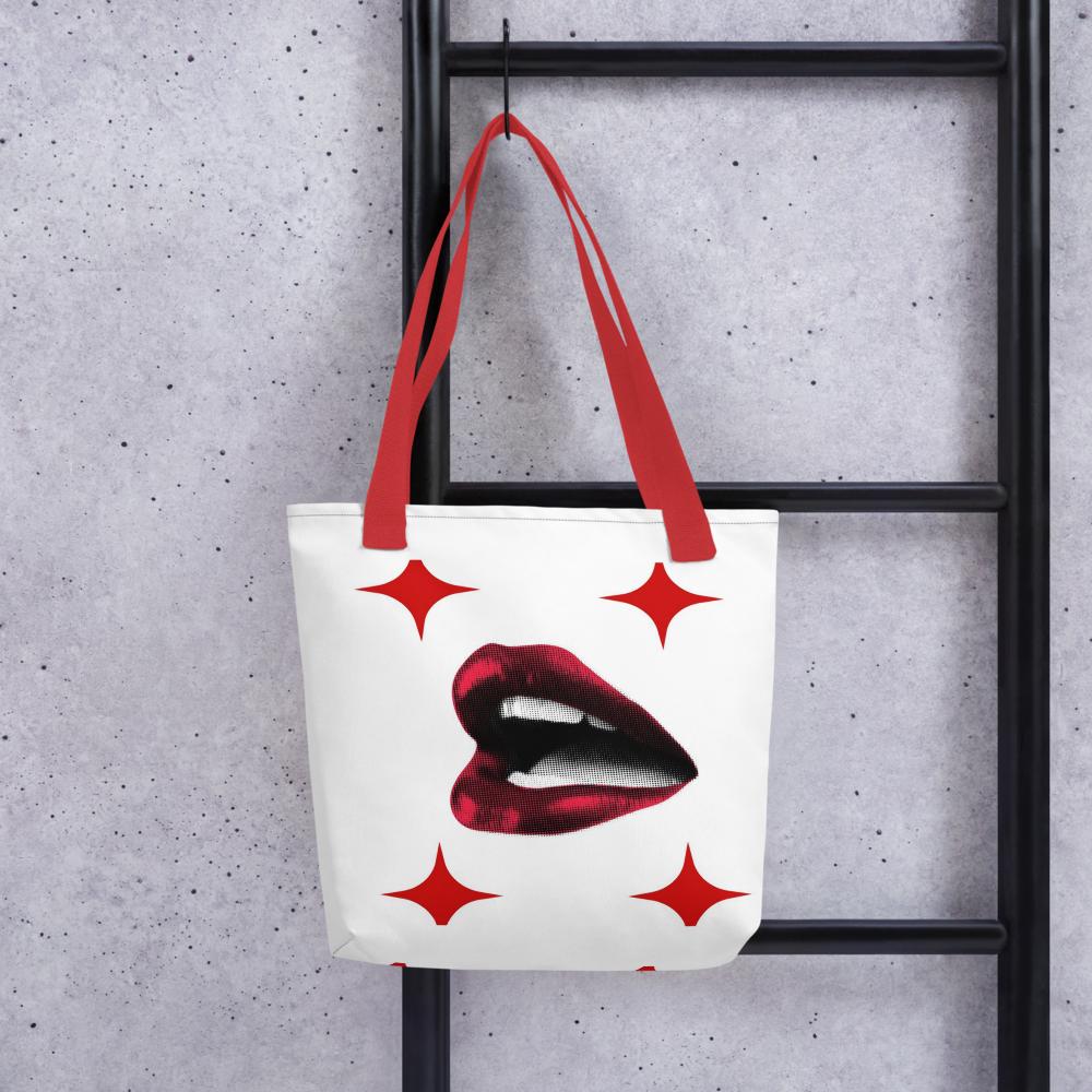 White Tote Bag with Bold Red Lips & Star Corners – 15”x15” Chic Pop-Art Style