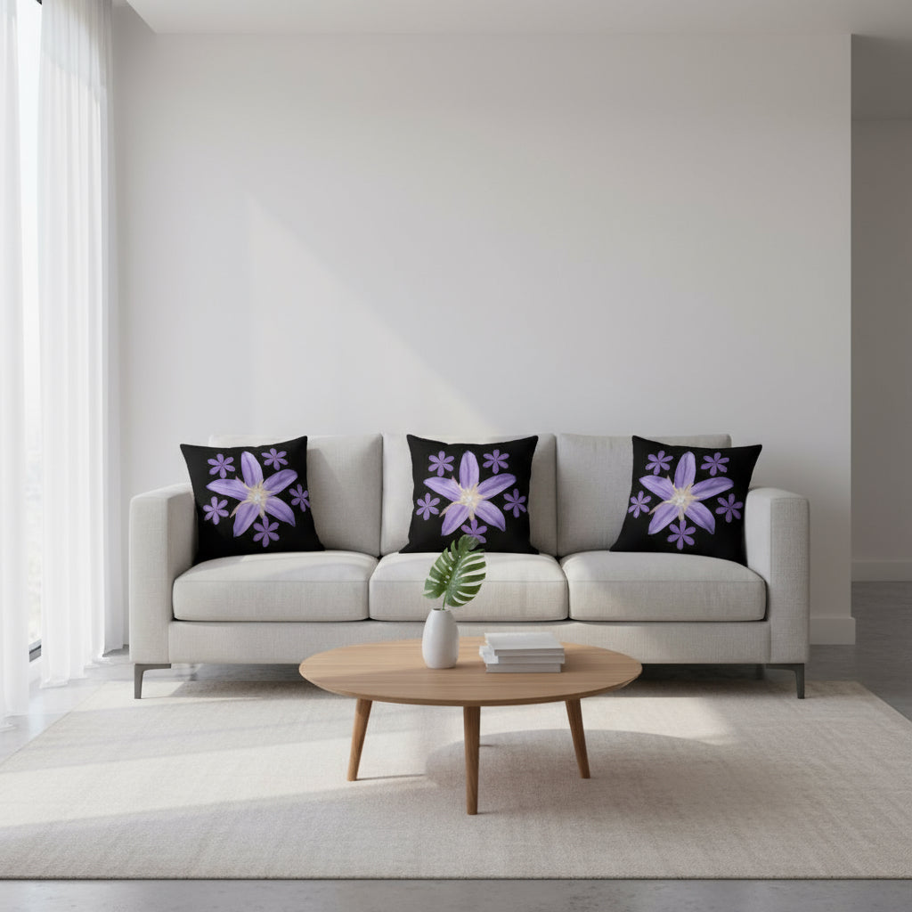 Black Throw Pillow with Purple Flower Cluster – 18x18” | Bold Floral Centerpiece Cushion