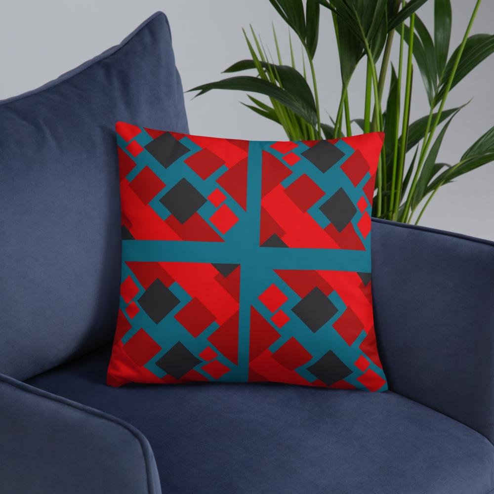 Geometric Red Shapes Throw Pillow – 18x18” | Modern Abstract Decor in Navy Green