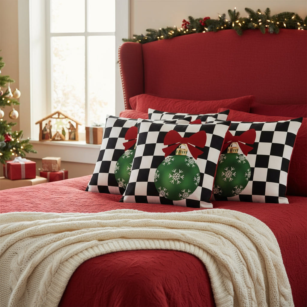 Black & White Checkered Christmas Throw Pillow | Farmhouse Holiday Decor Cushion | Festive Plaid Accent Pillow for Living Room or Bedroom (18x18 & 22x22)