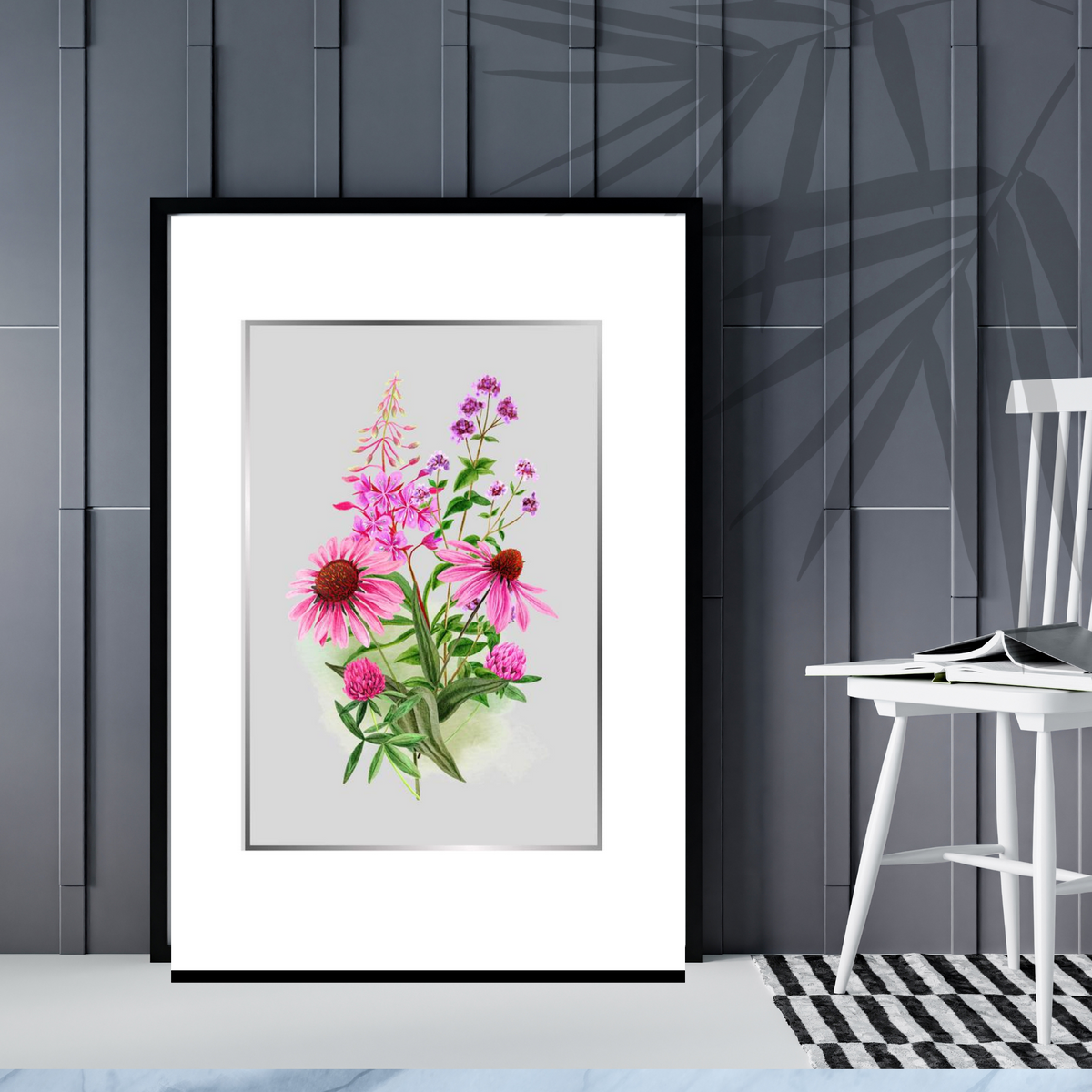 Pink Floral Wall Art Set | 3 Elegant Prints with Silver Border & Grey Center – Digital Download