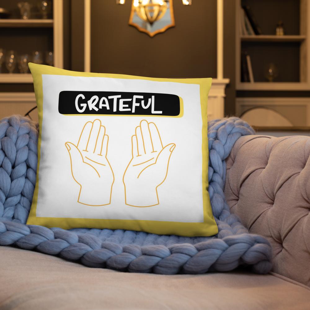 Grateful Thanksgiving Pillow – 22x22” White & Yellow Cushion with Open Palms