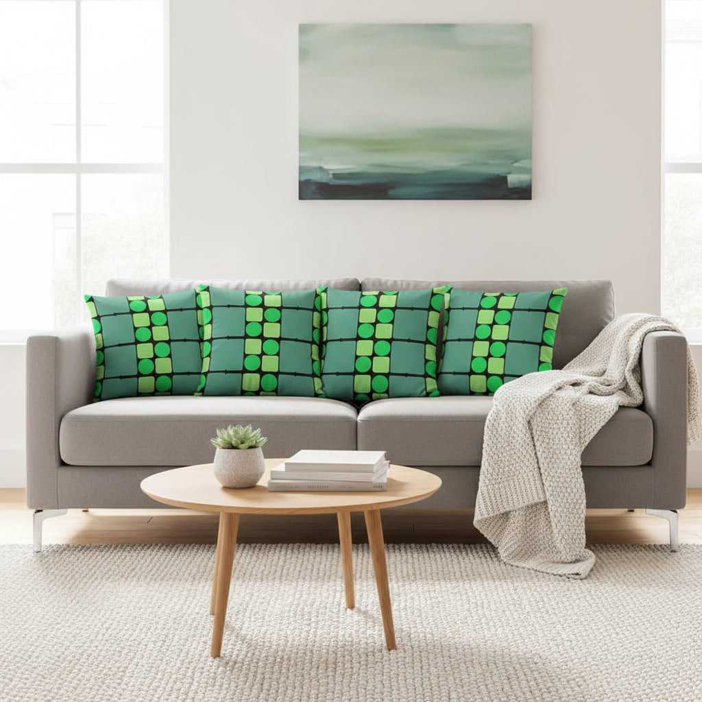 Green Geometric Throw Pillow – 18x18” Square, Circle & Triangle Pattern for Modern Home Décor