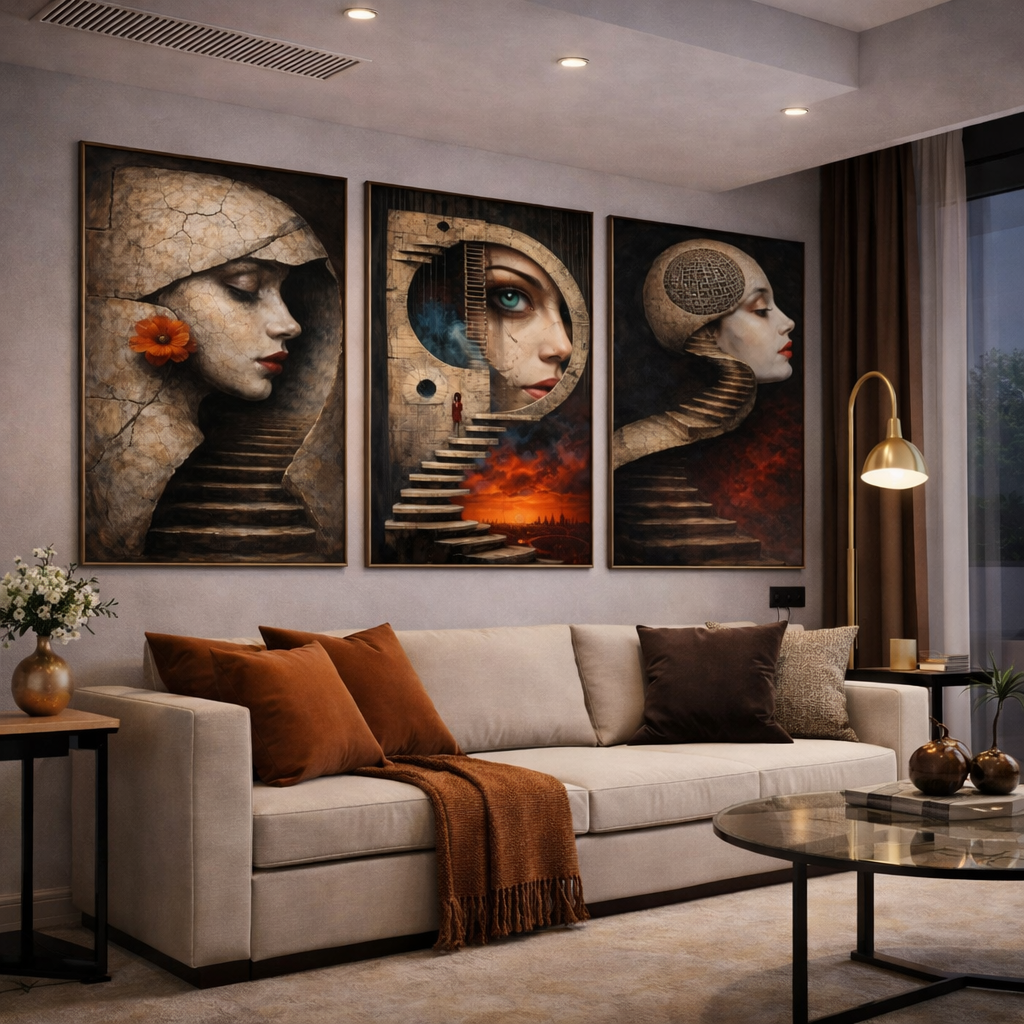 Surreal Staircase Face Wall Art Set – Abstract Psychological Portrait Printable – Dark Concept Digital Download (11x14, 16x20, 18x24, 24x36)