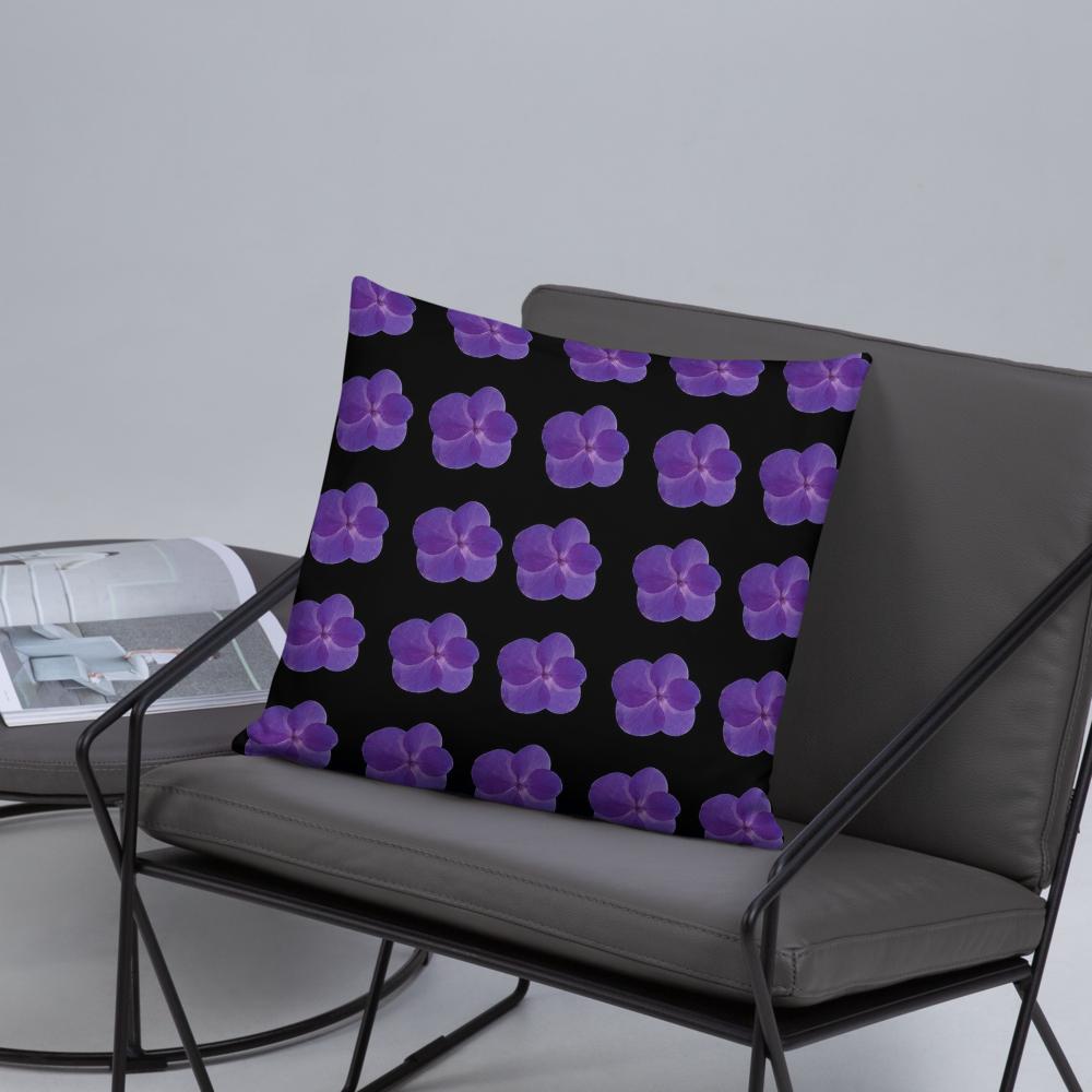 Black Throw Pillow with Lined Purple Flowers – 18x18” | Modern Minimal Floral Pattern