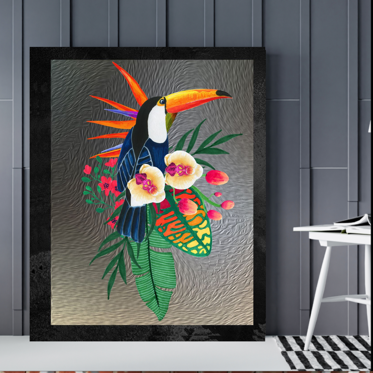 Bird of Paradise Wall Art – 3 Digital Prints – Luxury Gray Background with Black Borders – 16x20, 18x24, 24x36 in – Elegant Botanical Decor