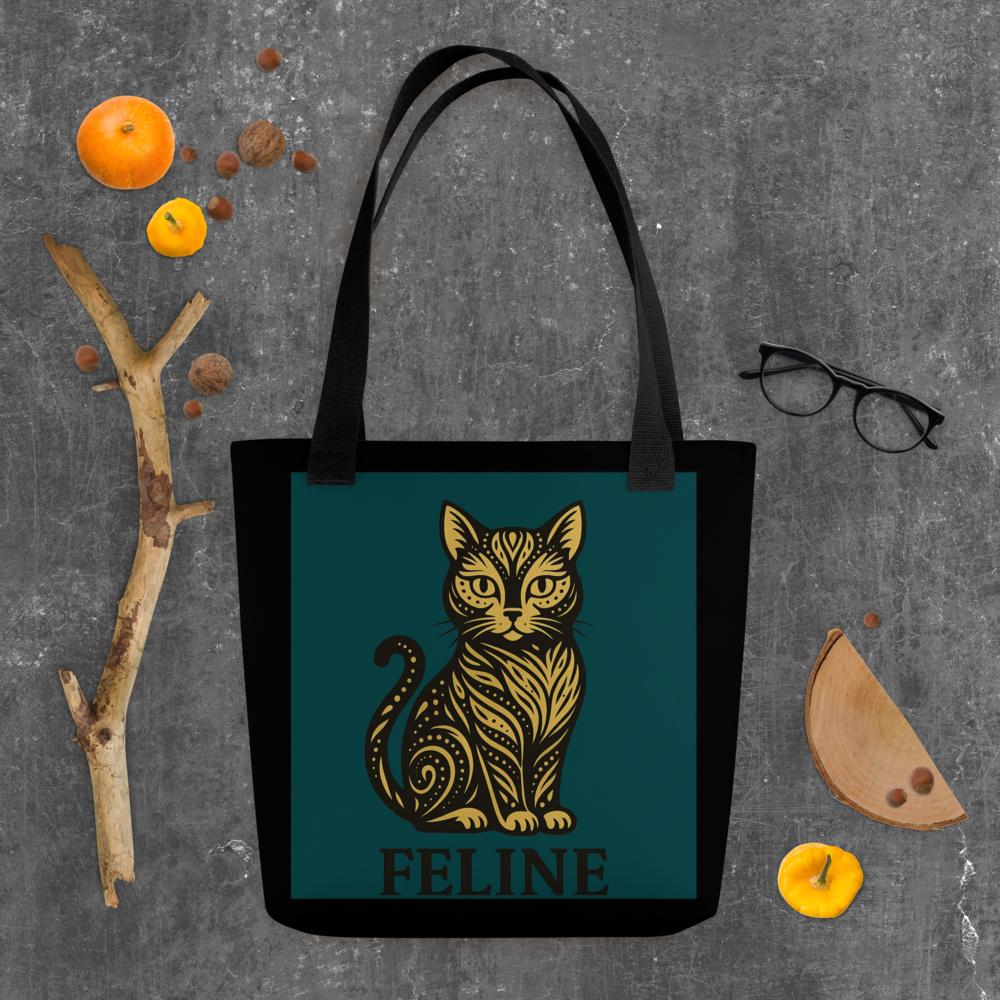 Cat Lover Tote Bag – 15x15 Green and Black Reusable Shoulder Bag for Pet Owners