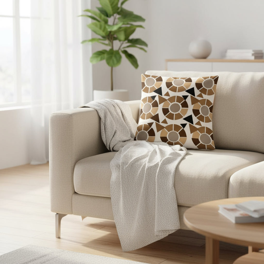 Modern Geometric Throw Pillow – 18x18” Brown, Beige & Black Accent on Light Tan Background