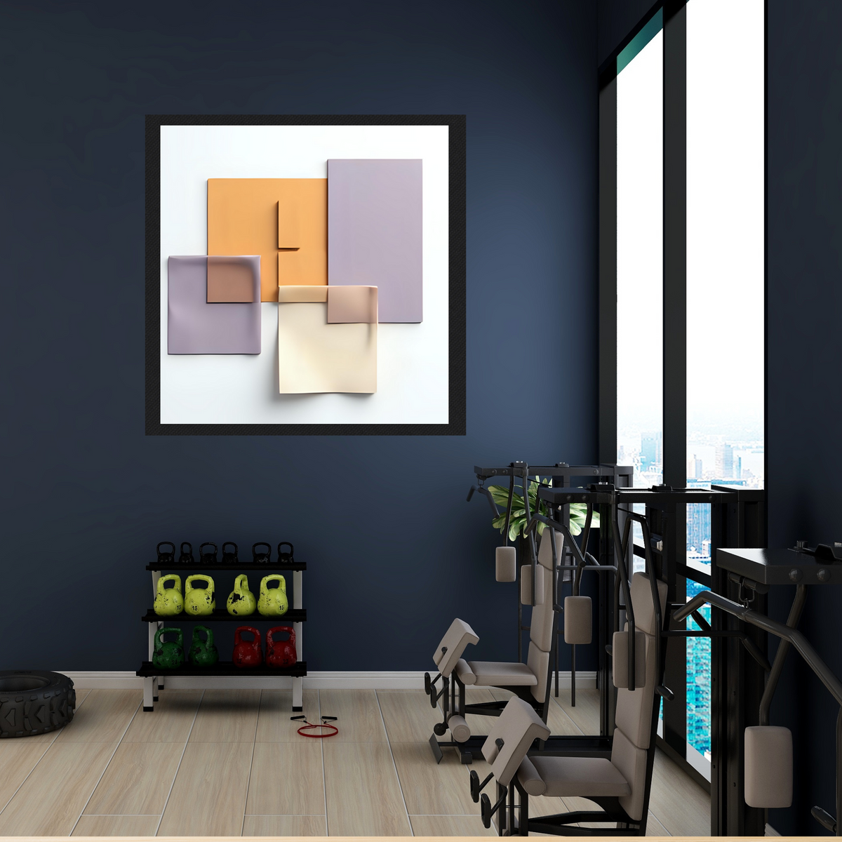 3-Piece Abstract 3D Shape Wall Art – Purple, Yellow & Off-White on White Background (Square Digital Download, 3 Sizes Each)