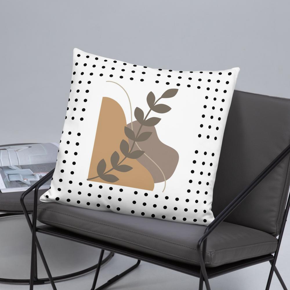 Boho Chic Throw Pillow – 22x22” | Brown Abstract Shapes & Leaf on White
