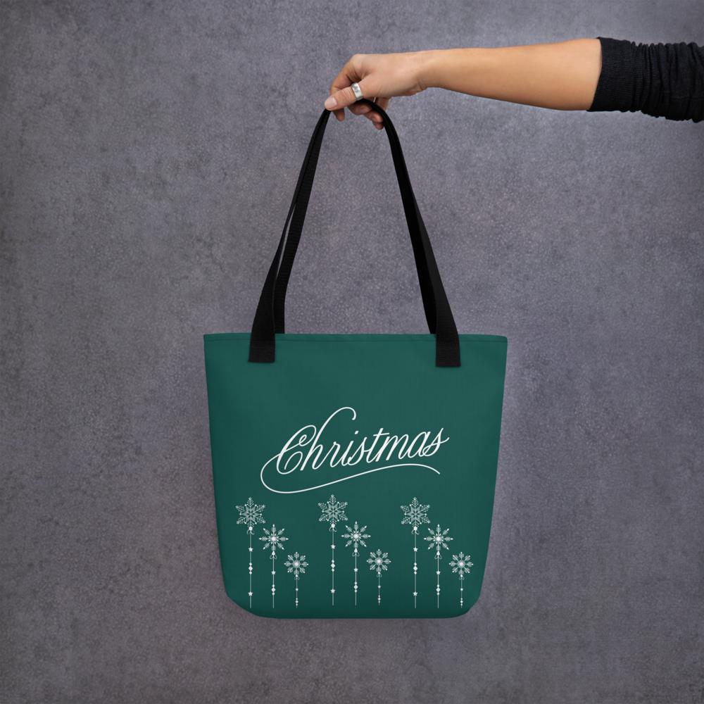 Green “Christmas” Tote Bag with White Holiday Elements – 15”x15” Festive Carryall
