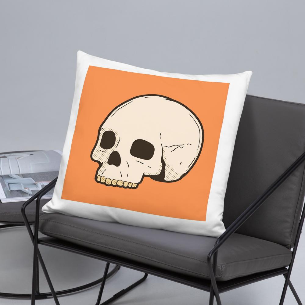 Halloween Skull Throw Pillow – Orange & White Skeleton Head Cushion (18x18)