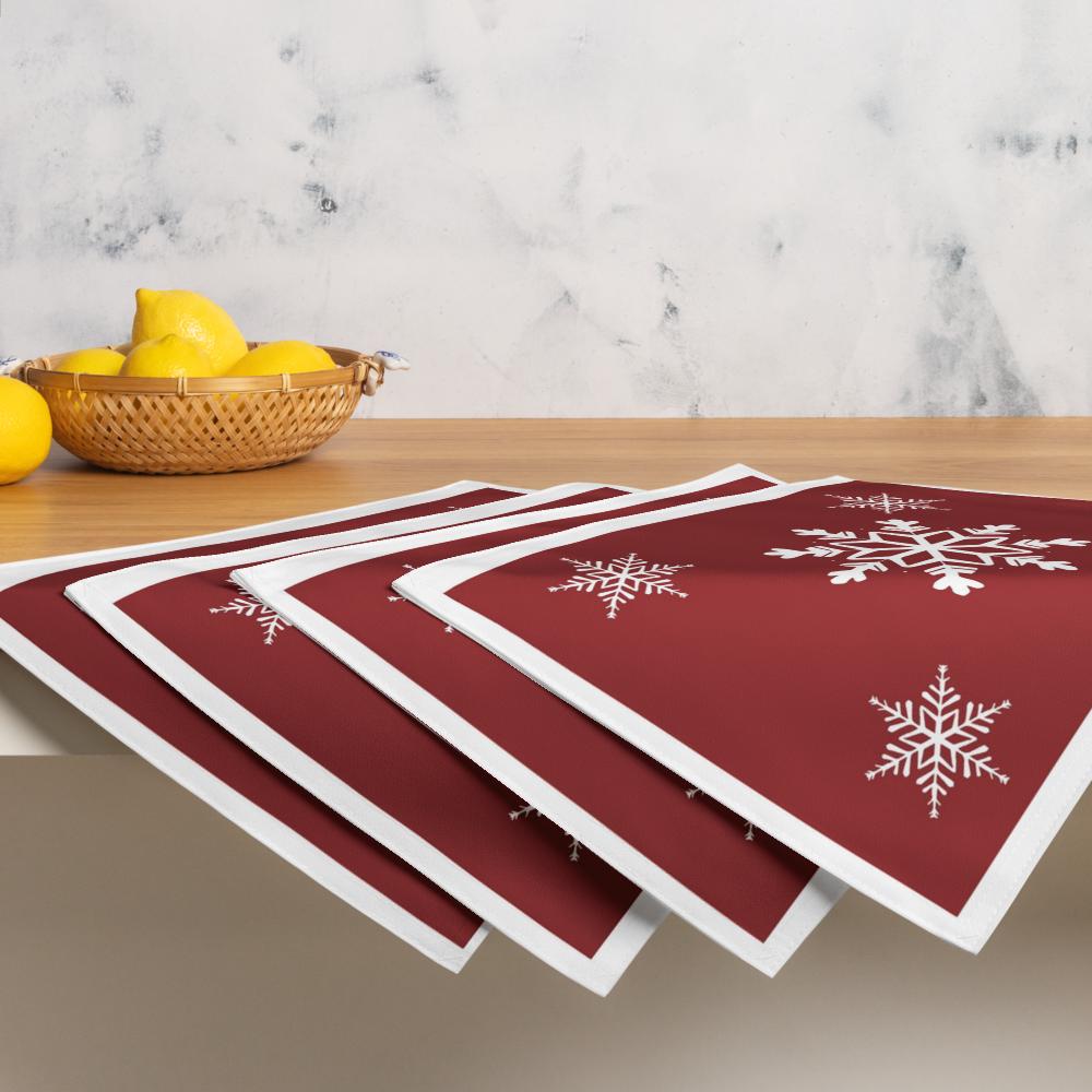 Red Christmas Placemat Set – 4-Pack 18x14 Holiday Table Placemats with White Accents