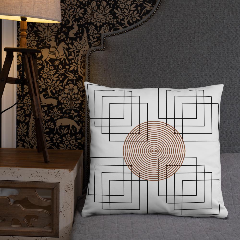 White Throw Pillow with Black Geometric Square Patterns & Brown Round Boho Design – 22x22”