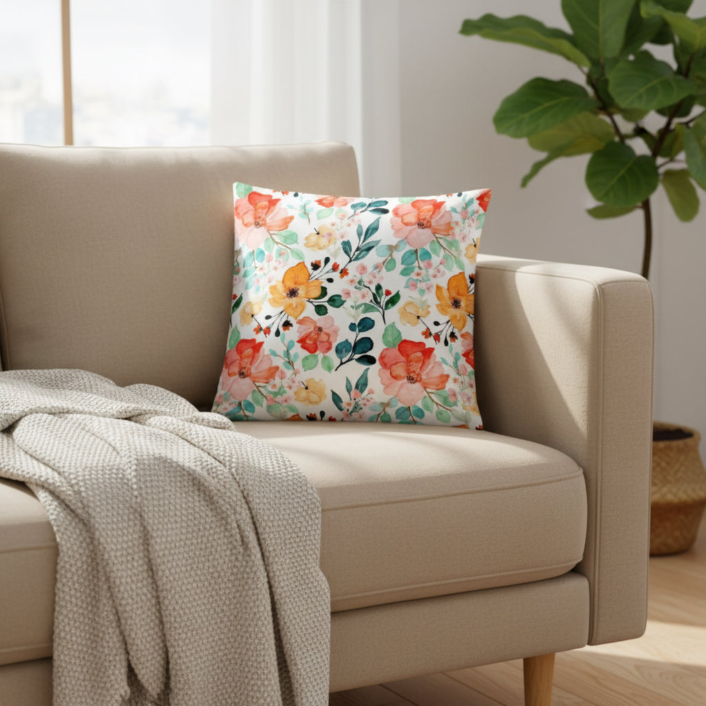 Floral Throw Pillow – 18x18” Pink, Green & Orange Flowers on White Background