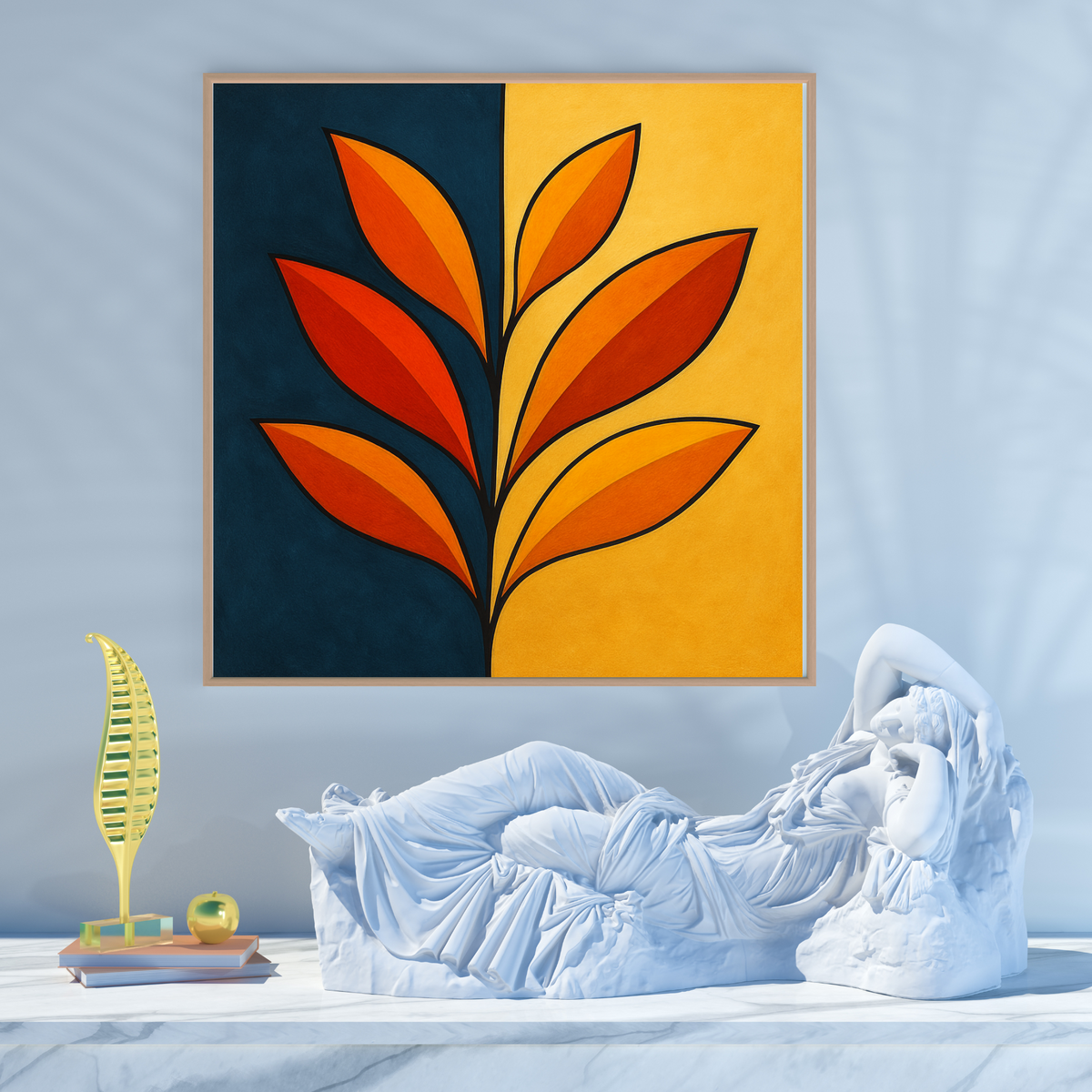 Orange Botanical Flower Wall Art – Dark Blue & Yellow Square Abstract Print | Digital Download (20x20, 24x24, 36x36)