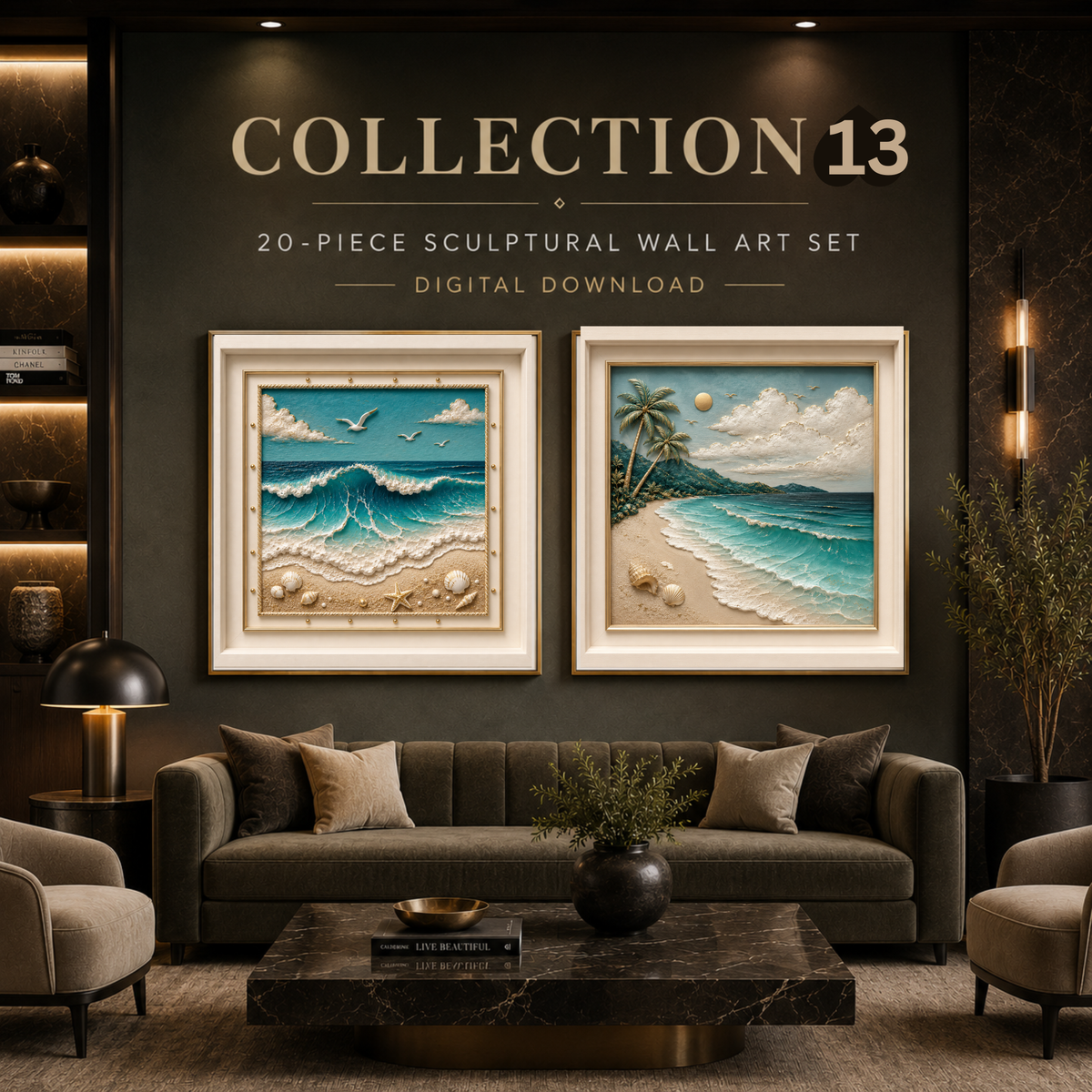 Luxury Sculptural Coastal Wall Art Set of 10 | Elegant Square Ocean-Inspired Gallery Collection | Premium Digital Download | 40 Printable Files