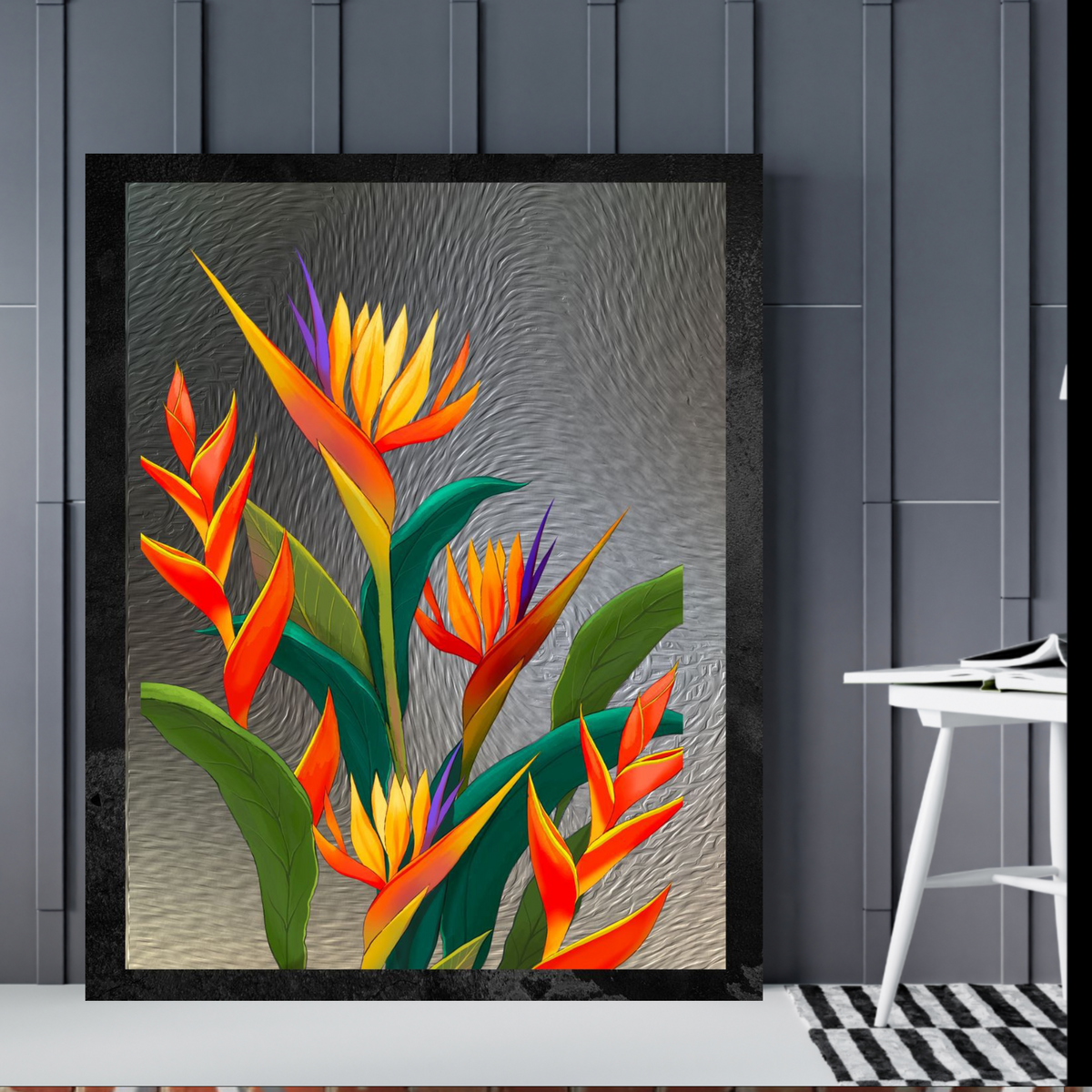 Bird of Paradise Wall Art – 3 Digital Prints – Luxury Gray Background with Black Borders – 16x20, 18x24, 24x36 in – Elegant Botanical Decor