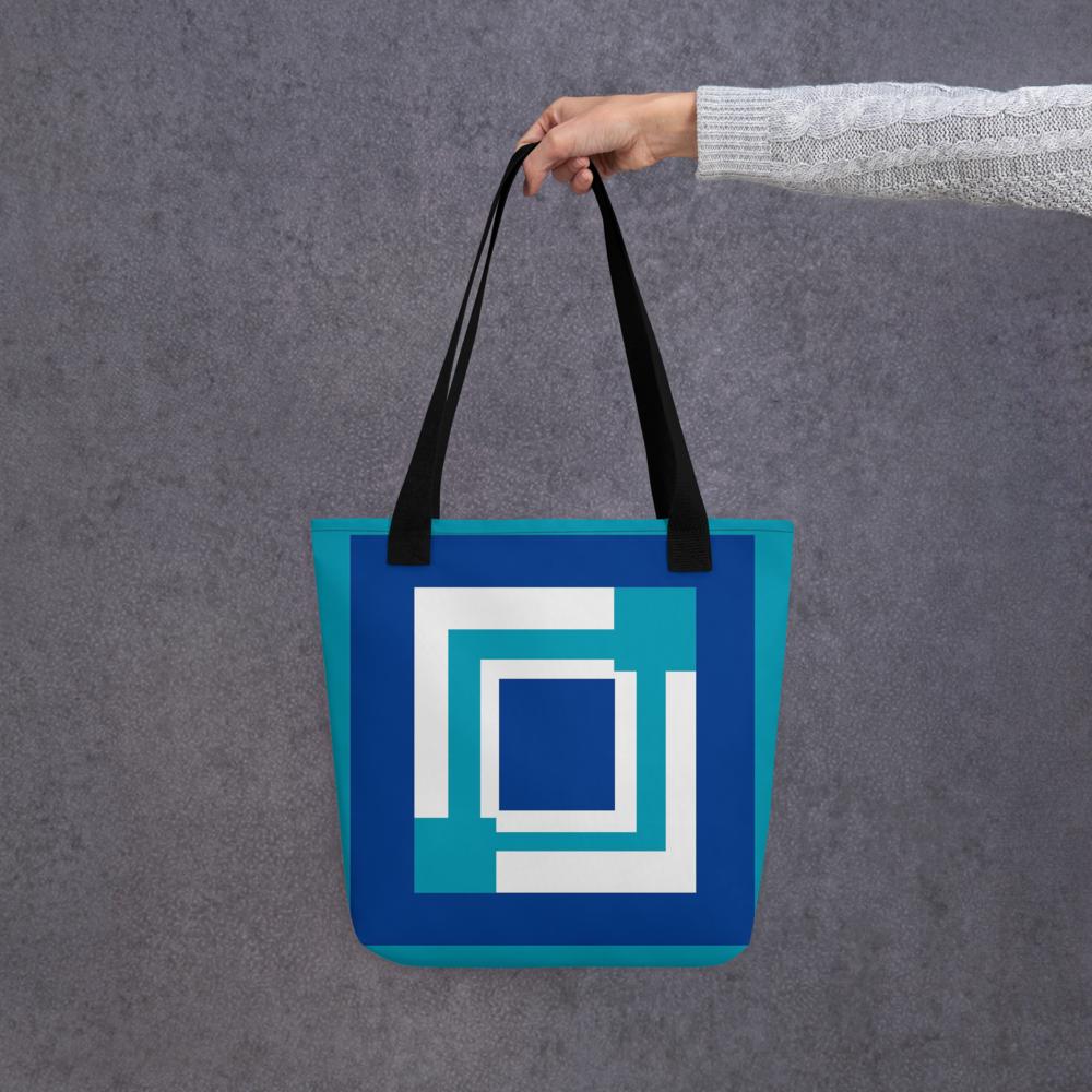 Royal Blue & White Abstract Squares Tote Bag – 15”x15” Modern Geometric Carryall
