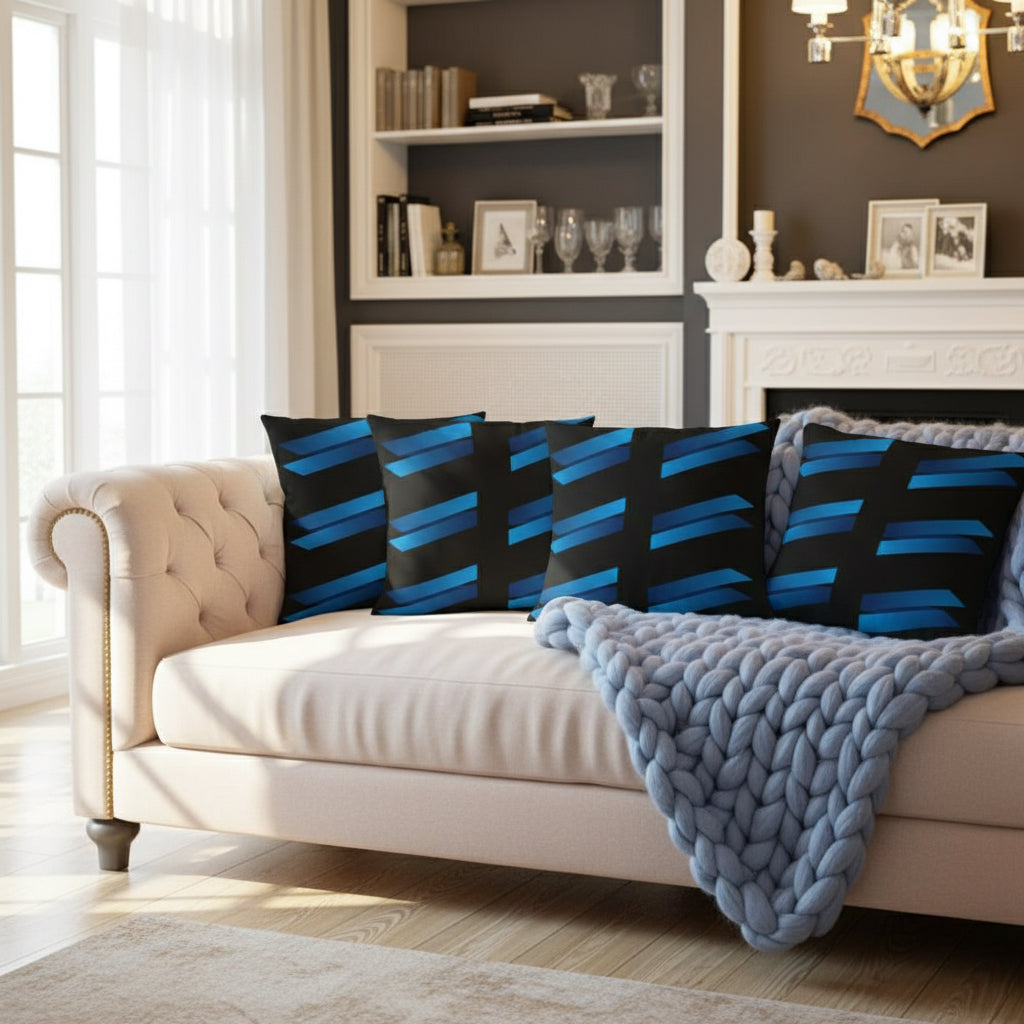 Black Throw Pillow with Blue Brick Pattern – 18x18” | Modern Rectangular Block Design
