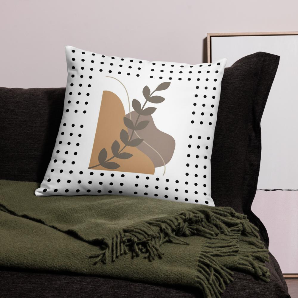 Boho Chic Throw Pillow – 22x22” | Brown Abstract Shapes & Leaf on White