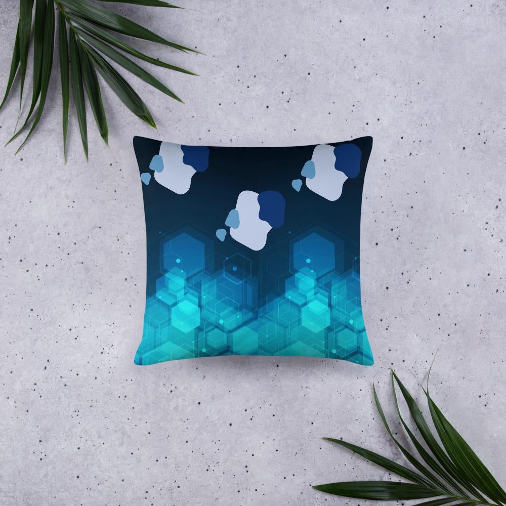 Dark Blue Throw Pillow with Geometric Shapes – 18x18” | Green, Blue & Gray Modern Design
