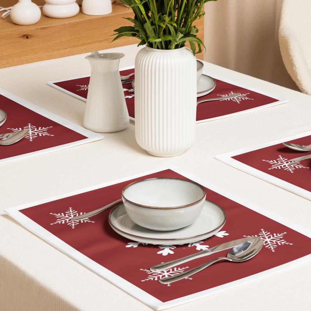Red Christmas Placemat Set – 4-Pack 18x14 Holiday Table Placemats with White Accents