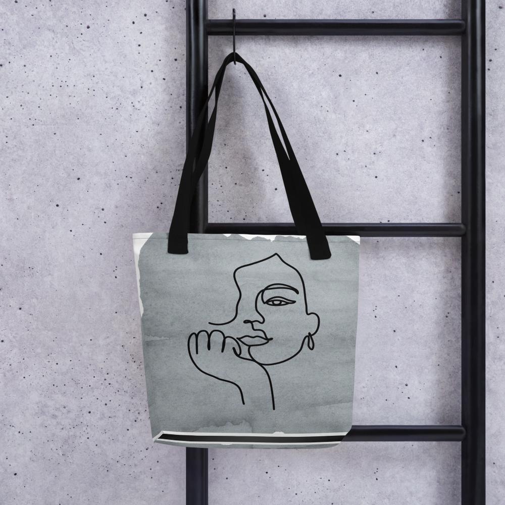 Boho Abstract Art Tote Bag – 15x15 Grey and White Minimalist Reusable Shoulder Bag