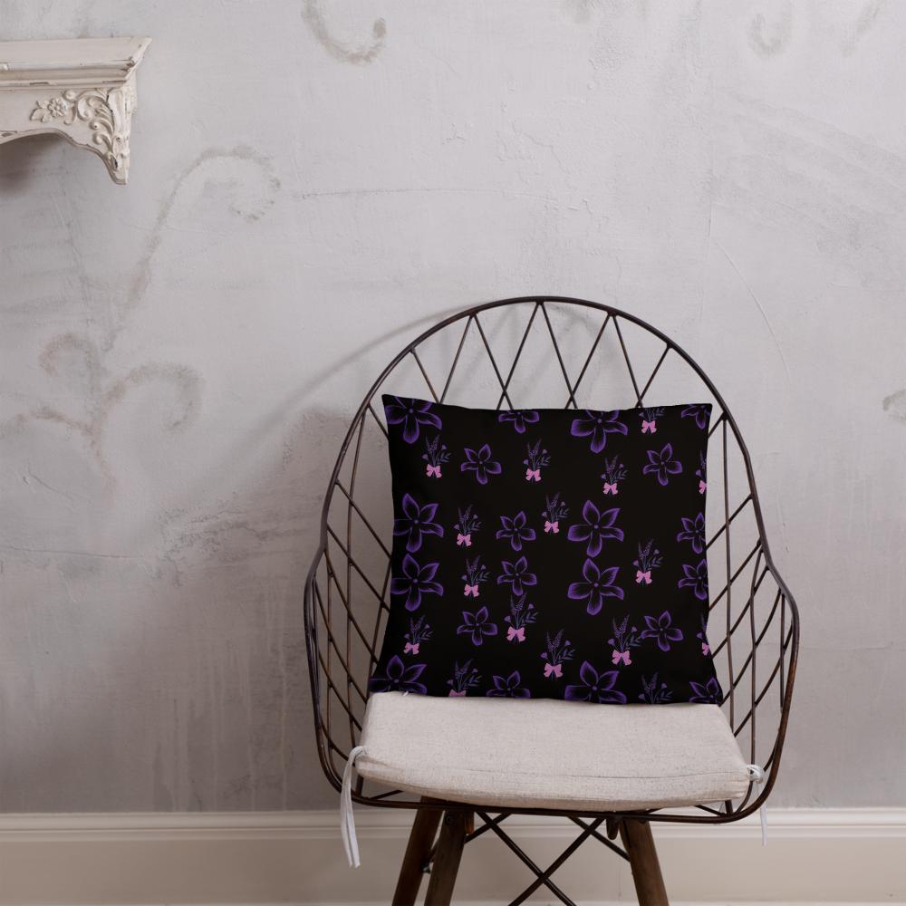 Black Throw Pillow with Purple Flowers & Butterflies – 18x18” | Elegant Night Garden Design