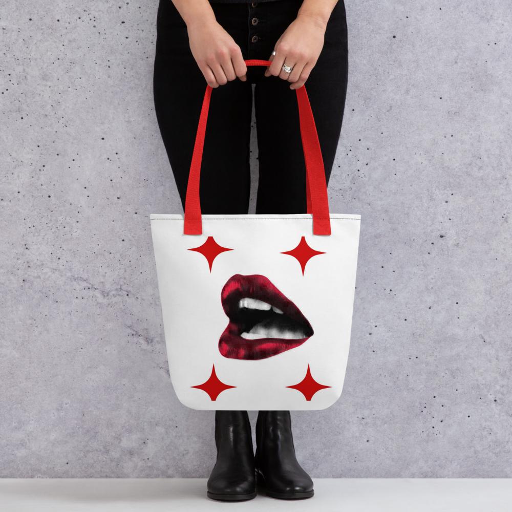 White Tote Bag with Bold Red Lips & Star Corners – 15”x15” Chic Pop-Art Style