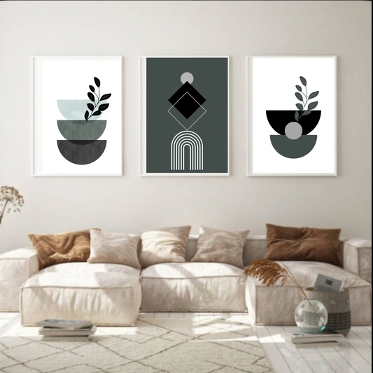 Boho Green & Black Wall Art Set – of 3 Minimalist Botanical Digital Download Prints, Modern Neutral Home Décor (16x20, 18x24, 24x36)