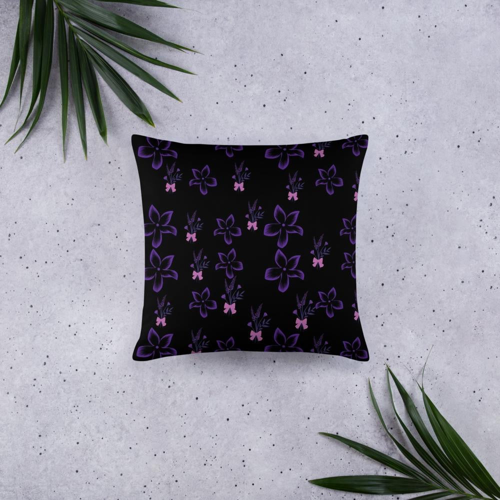 Black Throw Pillow with Purple Flowers & Butterflies – 18x18” | Elegant Night Garden Design