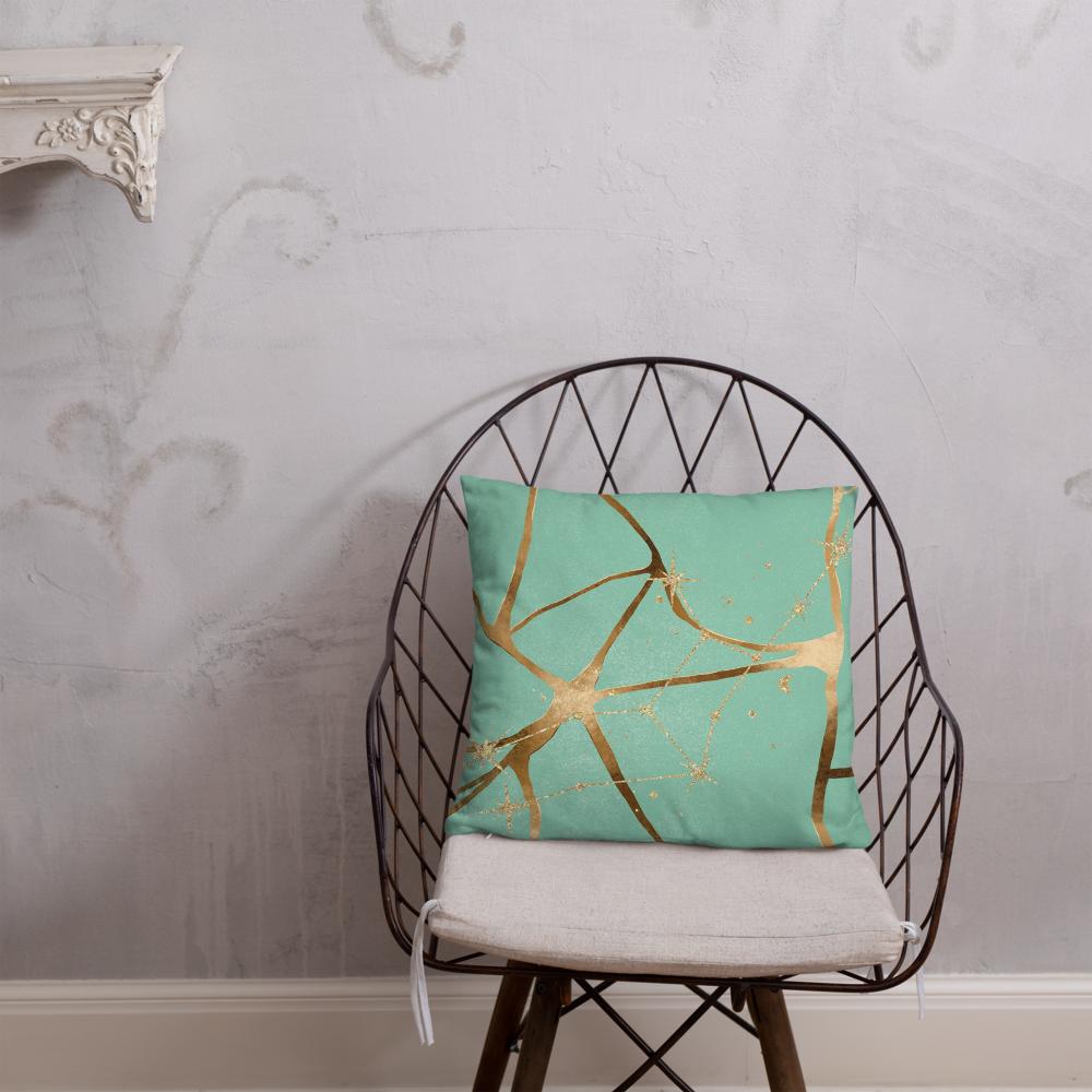 Green Throw Pillow with Gold Patterns – 18x18” | Elegant Luxe Accent Cushion
