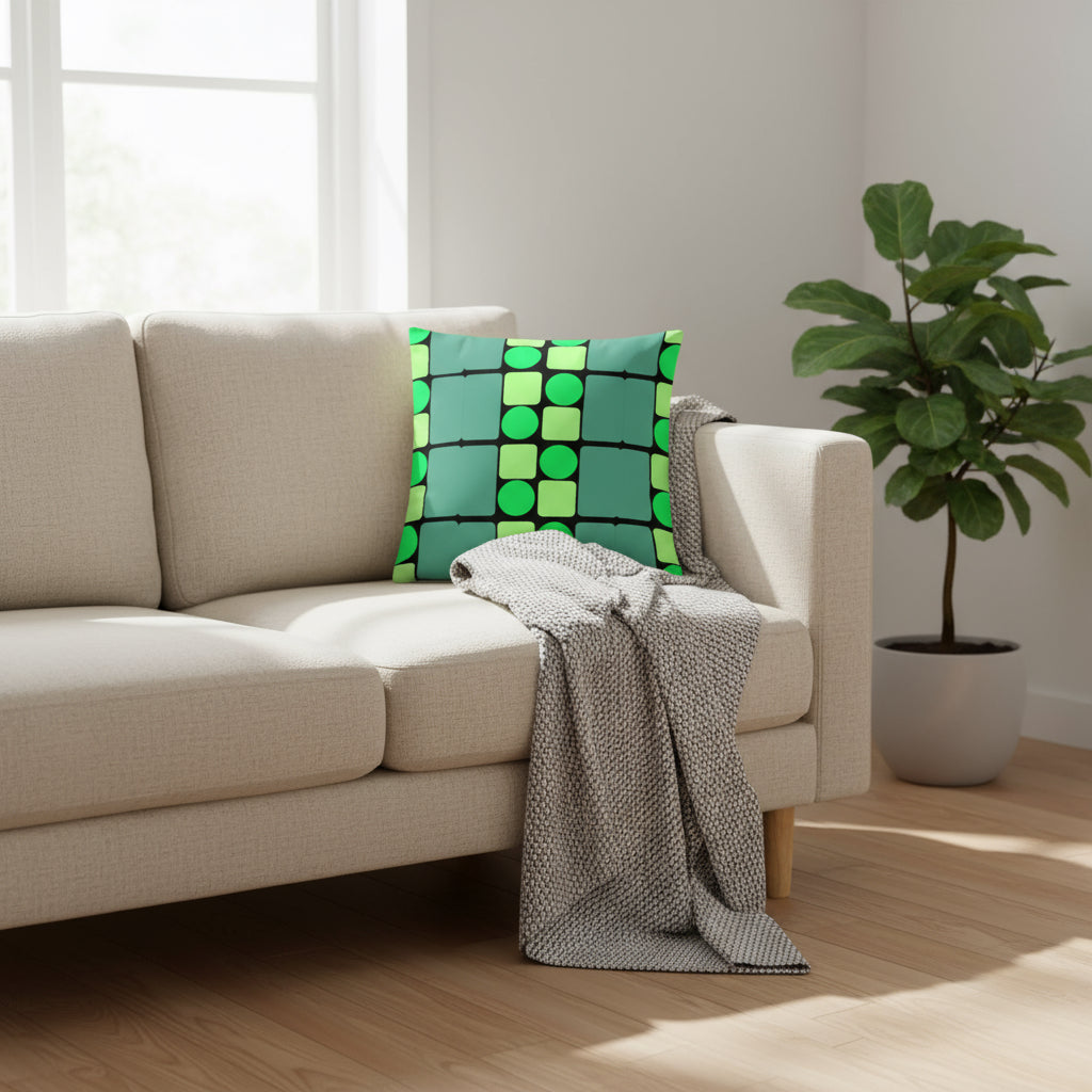 Green Geometric Throw Pillow – 18x18” Square, Circle & Triangle Pattern for Modern Home Décor