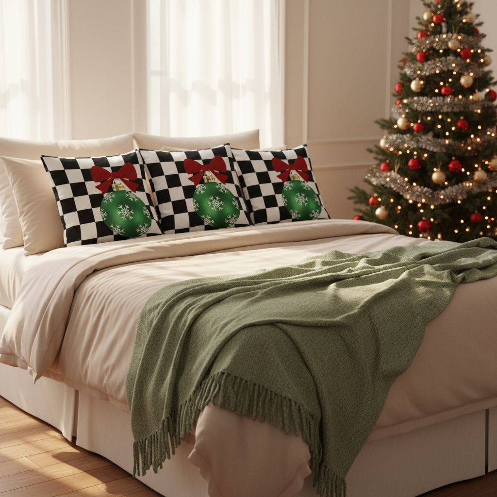 Black & White Checkered Christmas Throw Pillow | Farmhouse Holiday Decor Cushion | Festive Plaid Accent Pillow for Living Room or Bedroom (18x18 & 22x22)