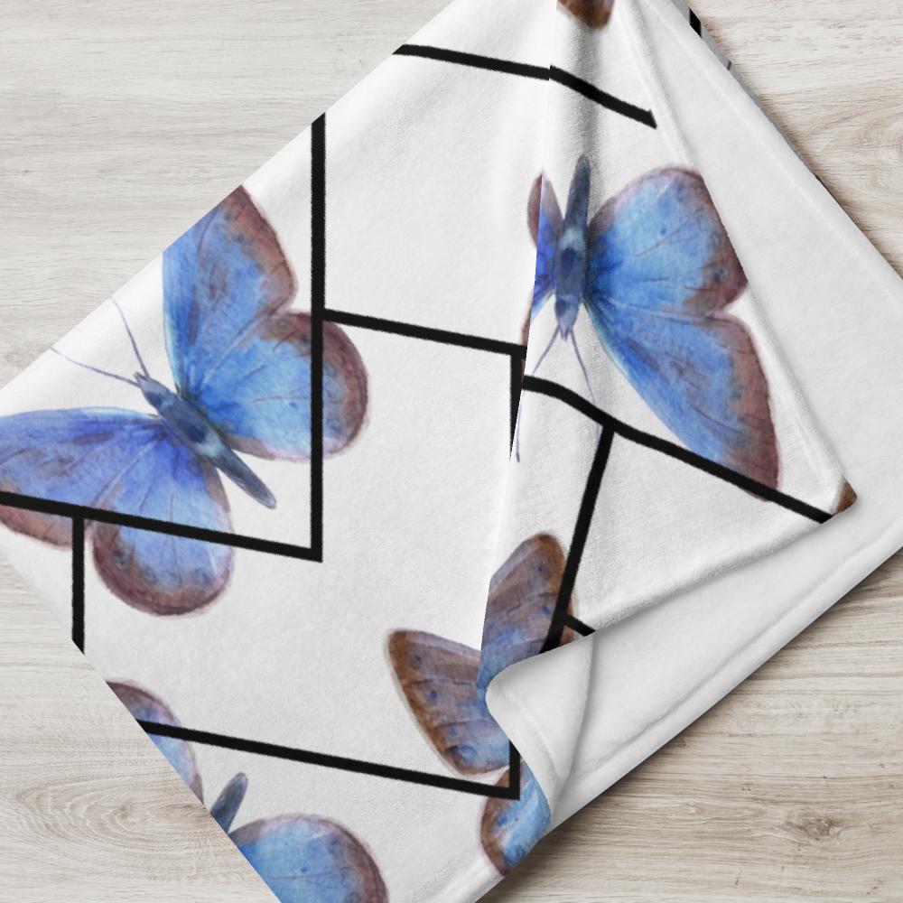 Blue Butterfly Zigzag Throw Blanket – 50x60” Soft White & Black Fleece with Delicate Modern Design