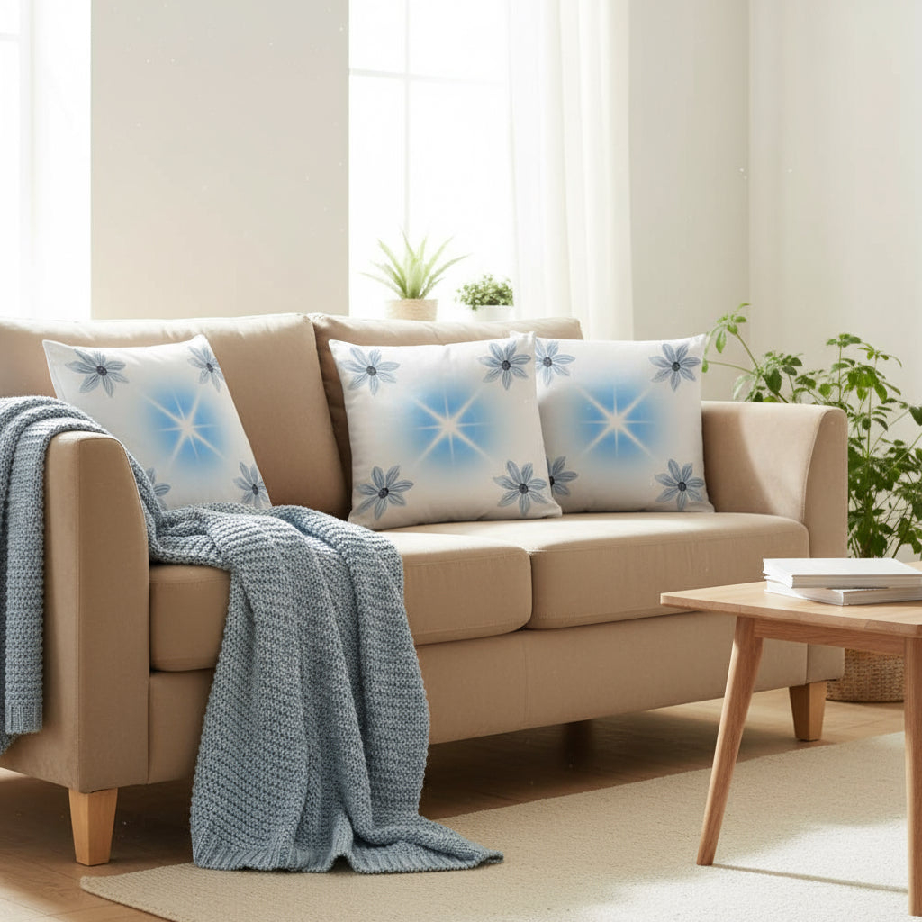 White Throw Pillow with Blue Accents – Elegant 18x18 Decorative Cushion for Sofa or Bedroom”