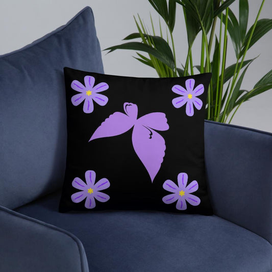 Black Throw Pillow with Purple Flowers & Central Bow – 18x18” | Elegant Floral Accent Cushion
