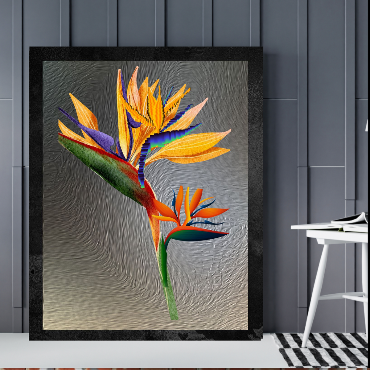 Bird of Paradise Wall Art – 3 Digital Prints – Luxury Gray Background with Black Borders – 16x20, 18x24, 24x36 in – Elegant Botanical Decor