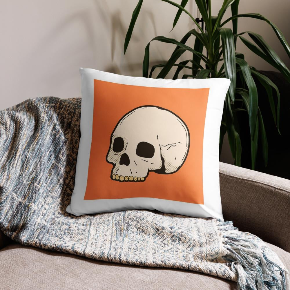 Halloween Skull Throw Pillow – Orange & White Skeleton Head Cushion (18x18)