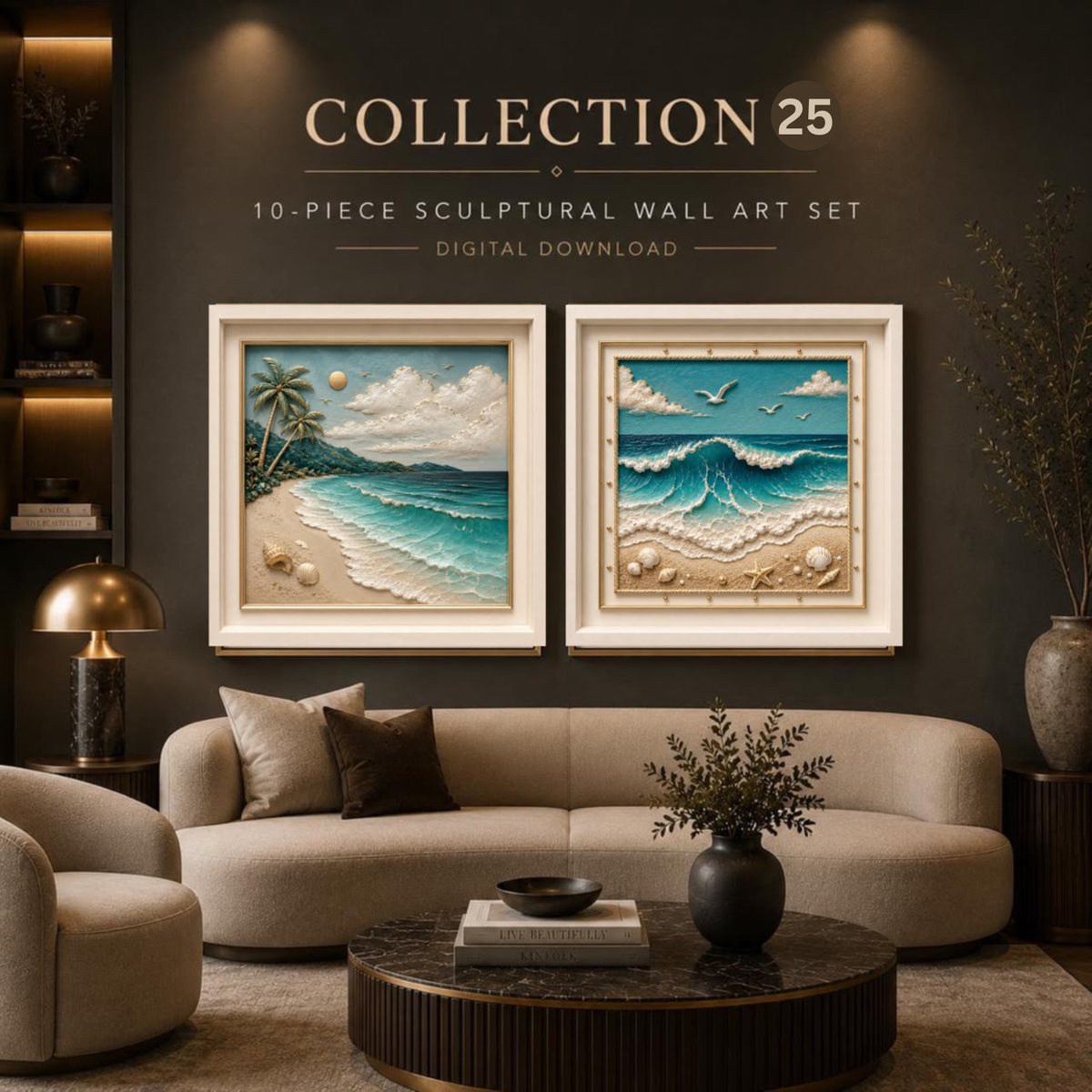 Luxury Sculptural Coastal Wall Art Set of 10 | Premium Square Ocean Gallery Collection | Modern Beach Digital Download | 40 Printable Files