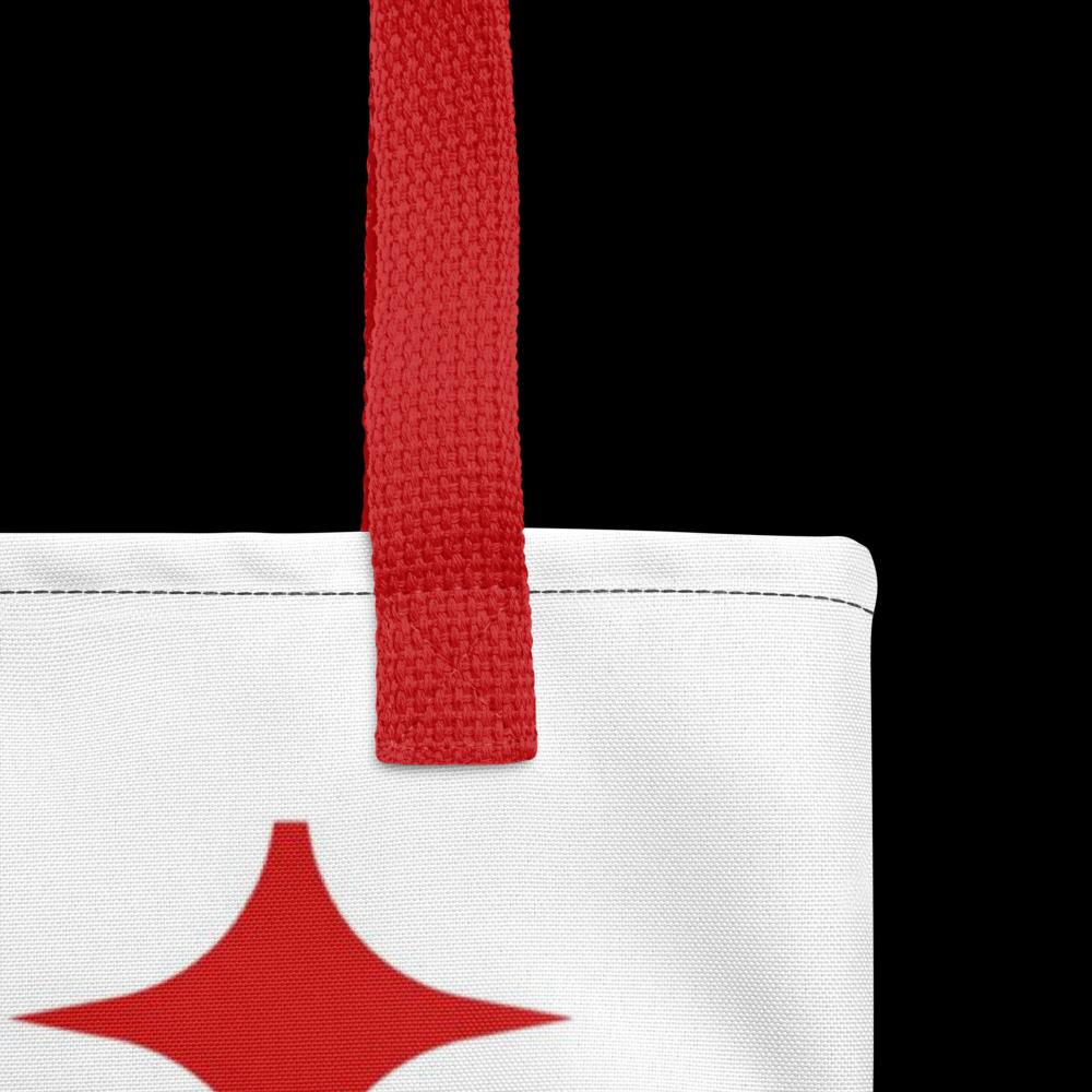 White Tote Bag with Bold Red Lips & Star Corners – 15”x15” Chic Pop-Art Style